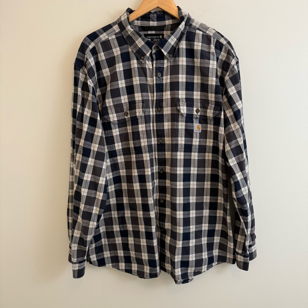 Carhartt Navy and White Plaid Button Down Shirt - Picture 1 of 11
